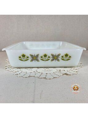 Fire King Garden Meadows Square Baking Dish 8"x8" Milk Glass With Green Floral P